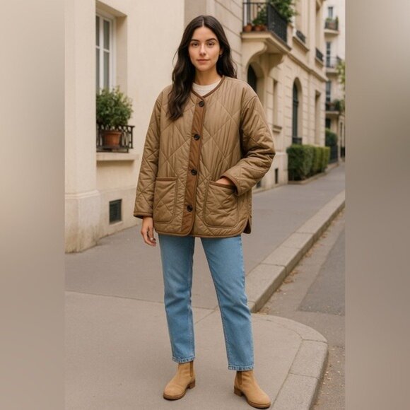 The Brass Monkey Tan Oversize Quilted Jacket Coat Size Medium Boho Military - Picture 12 of 12